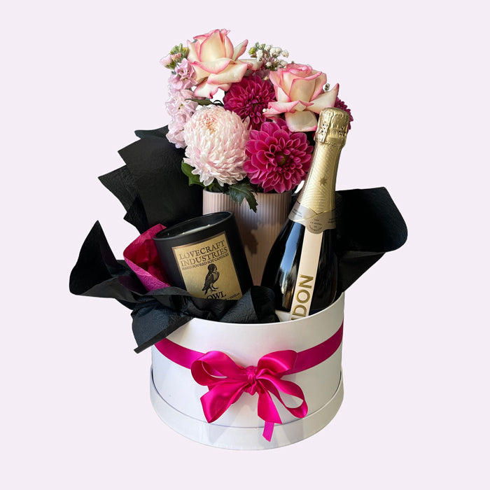 Blush and Bubbles pink vase flowers Chandon candle hat box Mother’s Day same day delivery Geelong