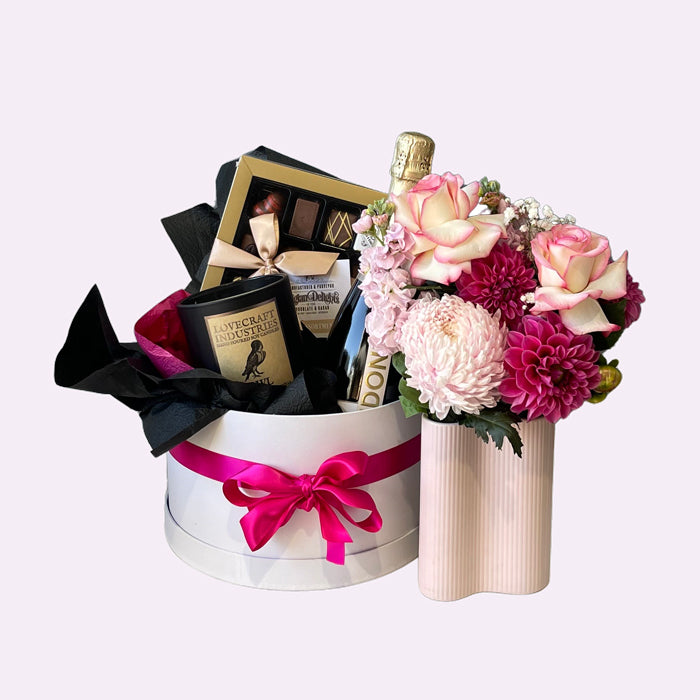 Indulgence Collection hat box flowers pink vase Chandon candle chocolates luxury Mother’s Day same day delivery Geelong