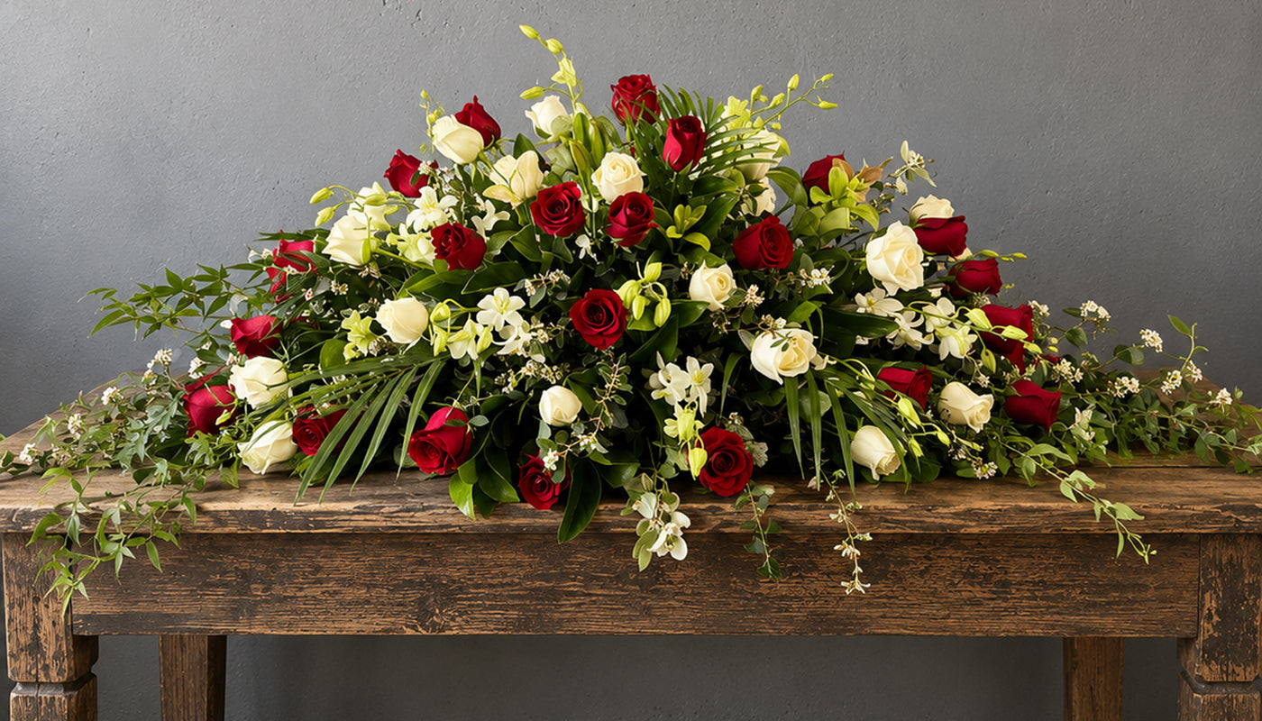 Red and White Casket Flowers