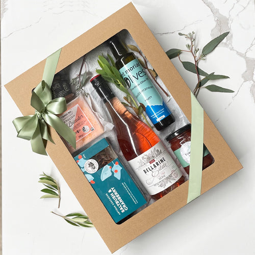 Best Mates hamper with Bellarine Estate First Blush Rosé, Red Leicester cheese, tomato relish, quince paste, Mount Moriac olive oil and artisan crackers Geelong delivery