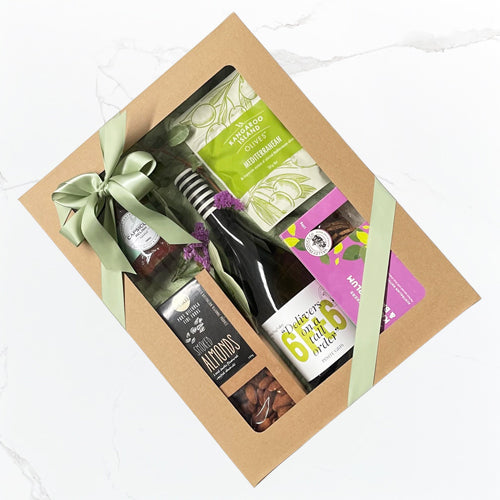Brightside hamper with Six Foot Six Pinot Gris, Mediterranean olives, smoked almonds, capsicum relish and artisan crackers Geelong delivery