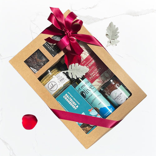 Good Luck hamper with smoked Kalamata olives, muscatels, capsicum relish, pistachio dukkah, olive oil and artisan crackers Geelong delivery