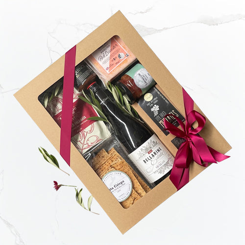 Luna hamper with Bellarine Estate Julien’s Merlot, Red Leicester cheese, smoked Kalamata olives, pita crisps, muscatels, capsicum relish and quince paste Geelong delivery