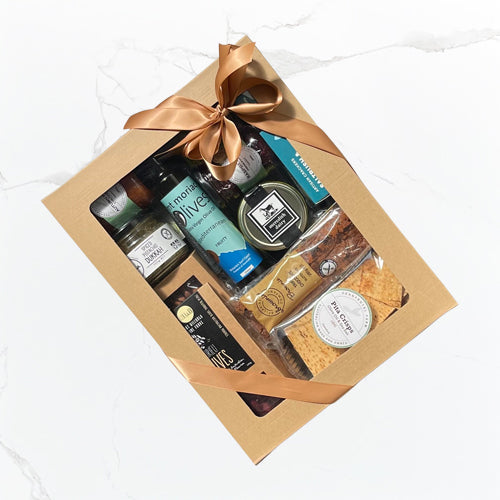 Olive Grove hamper with Mediterranean olives, goat’s cheese, brownie, pita crisps, muscatels, almonds, chutney, raspberry preserve, dukkah, quince paste, olive oil and artisan crackers Geelong delivery
