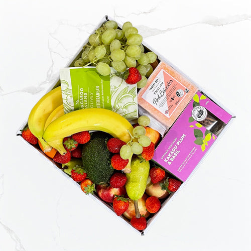 Picnic Time hamper with seasonal fruit, Red Leicester cheese, olives and artisan crackers in white gift box with bow Geelong delivery