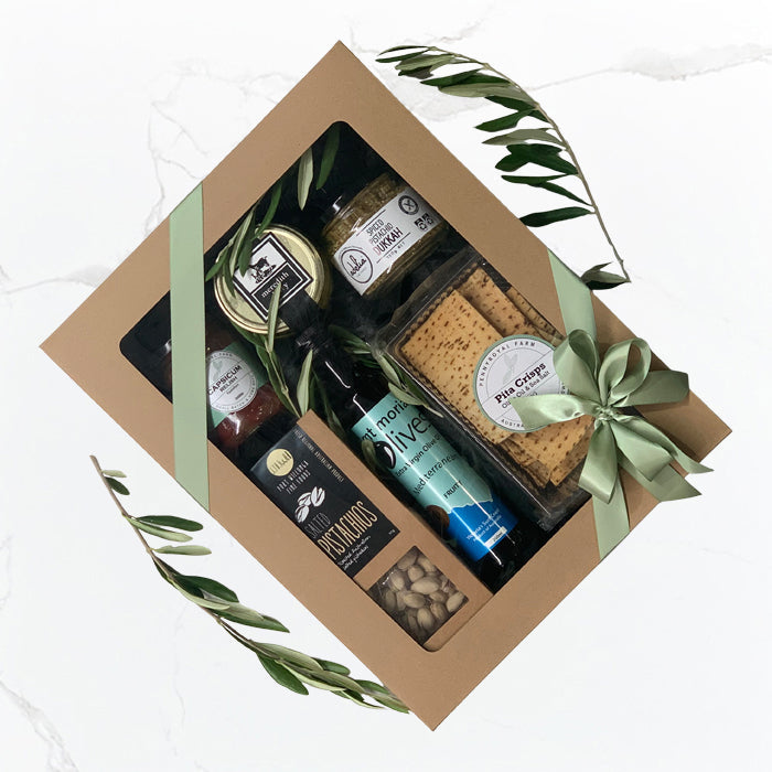 Thank You hamper with Meredith goat’s cheese, olive oil, capsicum relish, pistachio dukkah, salted pistachios and pita crisps in kraft gift tray Geelong delivery
